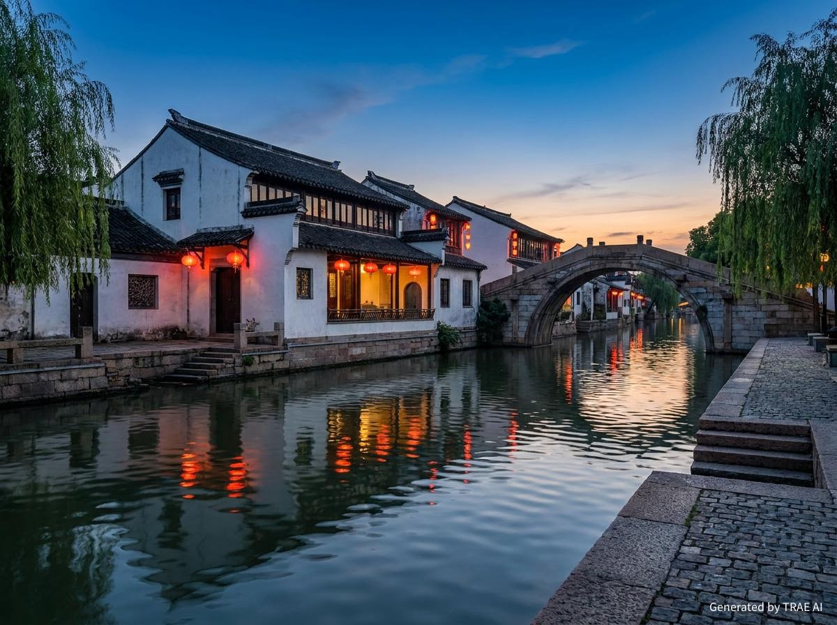 蘇州水巷與古橋夜景